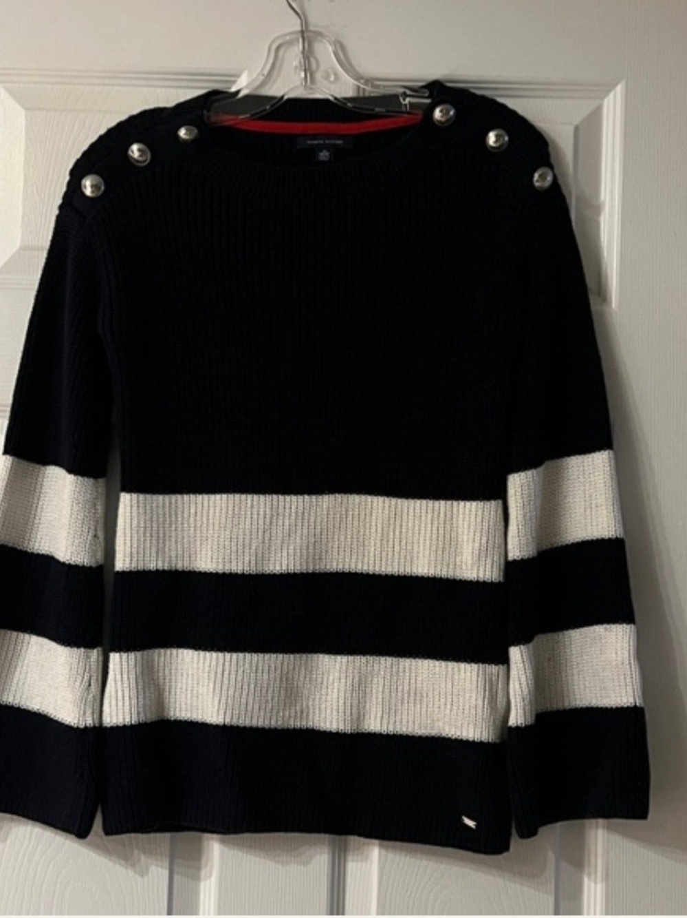 146 Tommy Hilfiger Navy & White Striped Crewneck Sweater with Shoulder Buttons